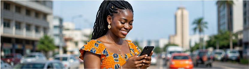 Jeune femme ivoirienne utilisant son smartphone en ville